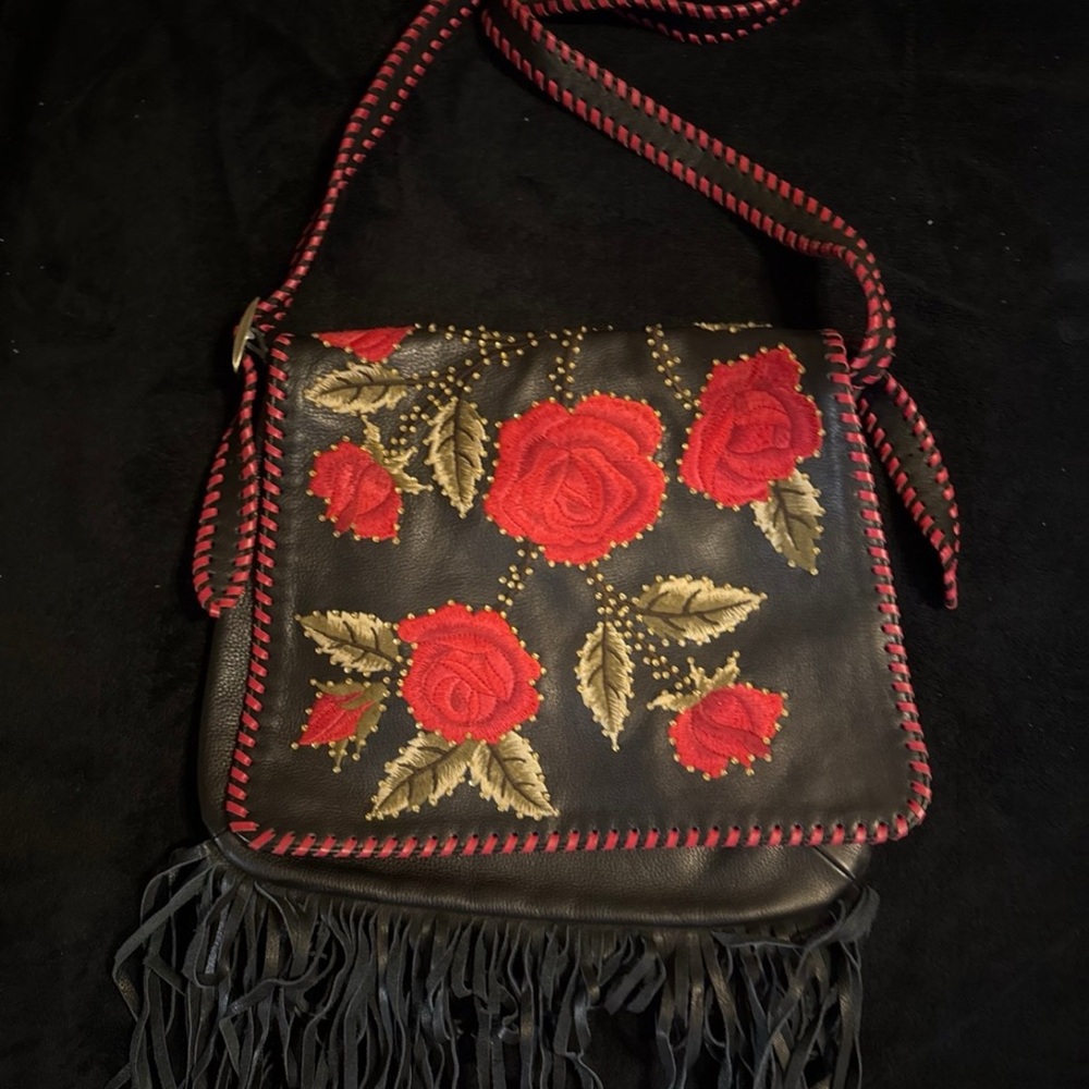 Embroidered Black and Red Floral Crossbody Bag